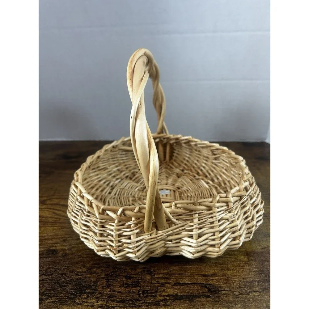 Vintage Wicker Gathering Basket Twisted Handle Rustic Farmhouse Decor Cottage